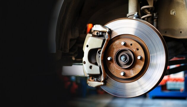 closeup of disc brake in car repair auto maintenance in garage with space for text