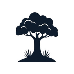 Stylized silhouette of a lush, mature tree with grassy foreground on a clean white background.