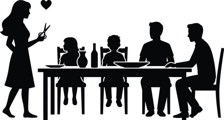 Mother preparing meal while children and family sit together at dining table in warm home scene