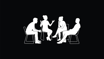People sitting in chairs having group discussion, casual meeting or conversation concept in simple silhouette illustration on black background