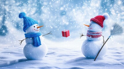 Two snowmen in winter scene with gift and broom, snowy landscape