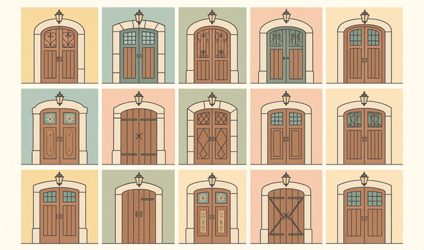 Venezuelan colonial doors icons in flat decorative vector grid with vintage pastel palette on white background