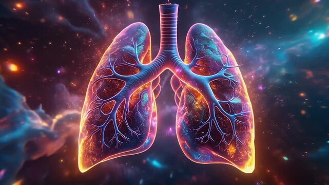 Vibrant cosmic human lungs glowing with ethereal light against a starry universe backdrop, symbolizing respiratory health, scientific wonder, and the intricate beauty of life's essential breath