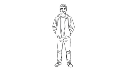 A simple black and white sketch depicts a young man in casual clothing standing confidently