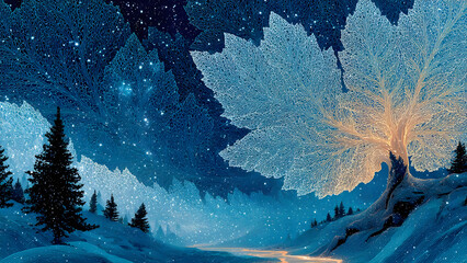 A breathtaking ethereal winter landscape unfolds under a starlit night, featuring brilliantly glowing, abstract leaf-like formations shimmering over a tranquil, snow-covered river valley scene