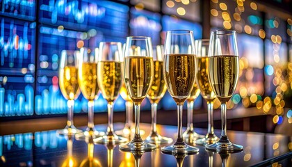 Sparkling Champagne Toast:  A celebratory arrangement of champagne flutes filled with bubbly, reflecting the ambient light of a festive gathering. 