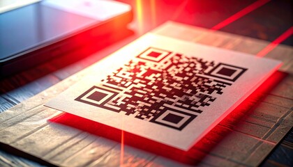 Scanning QR Code: A close-up shot of a QR code on a paper, possibly a document or printed material, is being scanned. The scene is illuminated by red laser light.