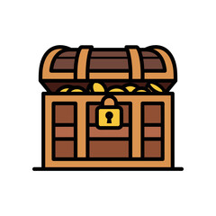 Treasure Chest Filled With Gold Coins And Locked Securely.