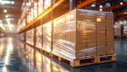 Warehouse Logistics: Close-up of a stack of wrapped packages, emphasizing the efficiency and organization of a large warehouse. Reflecting business processes.