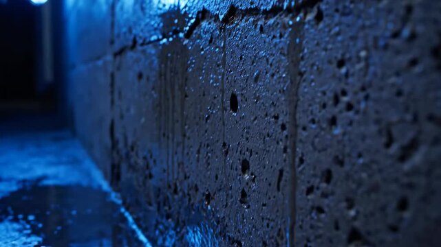 Atmospheric cinematic shot of blue neon light reflecting brightly off a slightly damp textured industrial grey concrete wall creating a moody urban environment template, abstract, reflecting