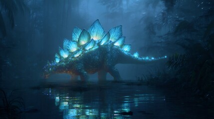 Conceptual bioluminescent dinosaur in a dark jungle, vibrant colors, cinematic lighting.