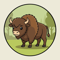 Cute European Bison Standing in Forest Character Vector Illustration