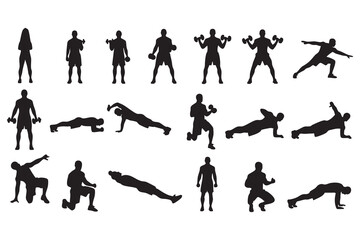 Fitness Silhouette Bundle Male & Female Workout Gym Yoga Exercise Vector Set