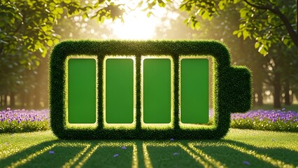 Green battery sculpture in a sunny park symbolizing renewable energy and sustainability