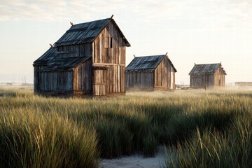 Obraz premium Rustic wooden houses stand amidst a sea of tall grass, bathed in the soft glow of dawn. A serene coastal scene of weathered buildings.