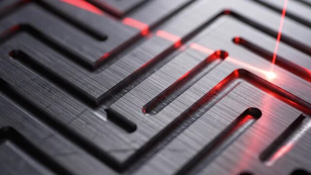Bright laser beams intersect with a textured metal surface, shaping an elaborate maze design. The process showcases creativity and precision in engineering, revealing stunning detail.