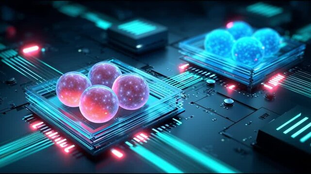 Organoid intelligence. OI. Biocomputing. Synthetic biology. Biological computation. Bioengineered tissue. Colorful organoid structures on a futuristic circuit board.