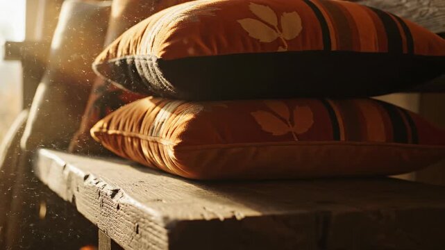Atmospheric cinematic shot of stacked orange and black holiday pillows resting on a rustic wooden bench illuminated by soft autumnal ambient light comfort, soft light, template