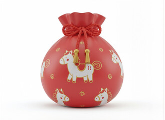 red lucky bag with a horse pattern. 3d rendering. new year.