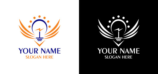 Creative Light Bulb Icon Business Logo Design with wings and Circular Blue Frame
