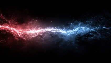 A stylized image of lightning split into red and blue against a black background