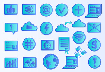 Minimalist blue icons for digital communication and networking.