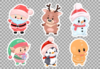 Cute christmas characters: santa, reindeer, elf, snowman, penguin, gingerbread.