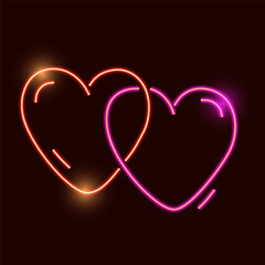Vibrant neon intertwined hearts: glowing romantic symbol on dark background.