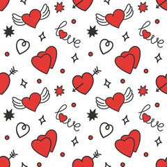 Seamless love pattern with hearts, arrows, and stars on white background.