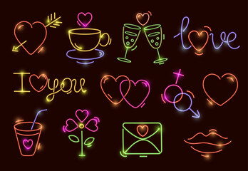 Vibrant neon love symbols collection with hearts, arrows, and romantic elements.