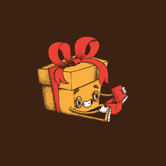 Hand drawn dot work vector illustration. Cute cartoon character. Animated gift box with red satin bow opens small gift box on brown background. Concept of New Year, Christmas, birthday, winter holiday