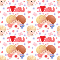 Cute valentine's pattern with cartoon characters and heart motifs.