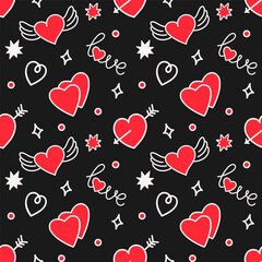 Seamless romantic pattern with hearts and arrows on black background.