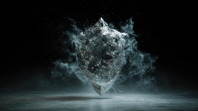 A geometrically abstract shield composed of fluid, appearing to hover in a dimly lit, atmospheric space. Evokes notions of resilience and innovation.