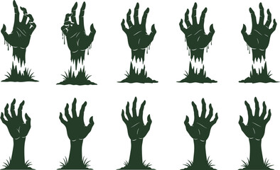Set of zombie hands rising from the grave, scary undead monster arm silhouettes coming out of the ground, Halloween horror vector collection.