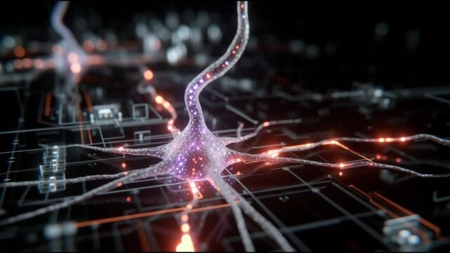 Organoid intelligence. OI. Biocomputing. Synthetic biology. Biological computation. Bioengineered tissue. A vivid depiction of a neuron on a digital circuit board.