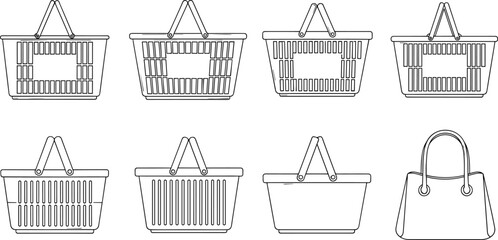Shopping basket icons, retail basket illustrations, market basket designs, handbag outline graphic, consumer goods symbols, store shopping elements, minimal line art