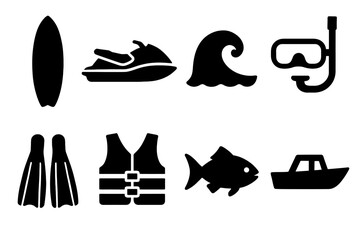 Fototapeta premium Water sports and marine activity icons: surfboard, jetski, snorkel, flippers, lifejacket