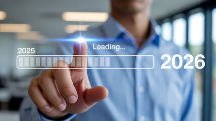 Advancement progress concept a man interacting with a futuristic loading bar for 2026 technology innovation new year goals
