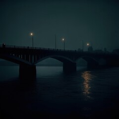 Fototapeta premium Misty bridge with street lights over dark water at dusk, moody urban landscape with fog and reflections