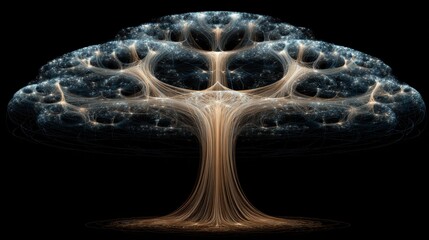 Abstract tree with interwoven branches and glowing lights in a fractal pattern, against a dark background, radiates a sense of complex beauty.