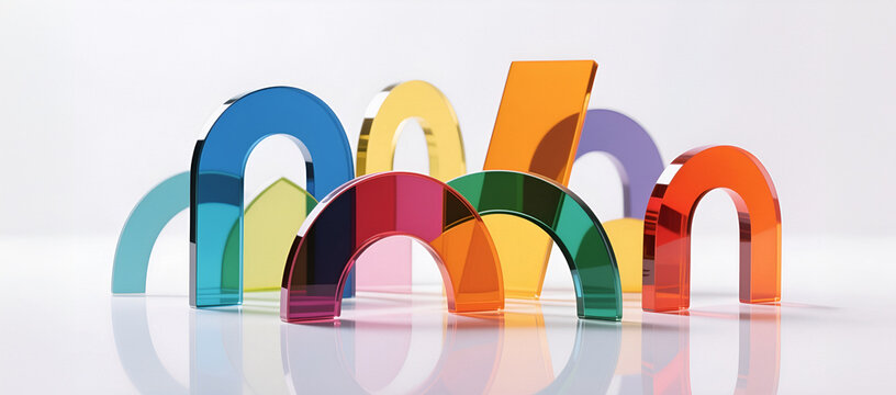 Elementi geometrici artistici realizzati in plastica trasparente e colorata su uno sfondi chiaro e riflettente