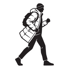 Winter traveler silhouette vector person walking with puffer jacket & backpack