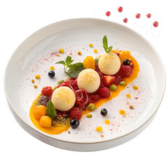 Artistic Dessert Delights: A culinary masterpiece awaits, showcasing vibrant scoops of ice cream atop a bed of fresh berries and exotic sauces, all elegantly arranged on a pristine plate.