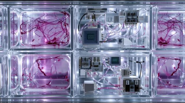 Organoid intelligence. OI. Biocomputing. Synthetic biology. Biological computation. Bioengineered tissue. Advanced biocomputing setup with bioengineered tissue in clear containers.