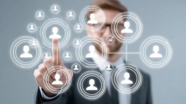 Businessman Interacting with Digital Network and Virtual People Icons for Innovative Connectivity and Professional Growth 4k video footage