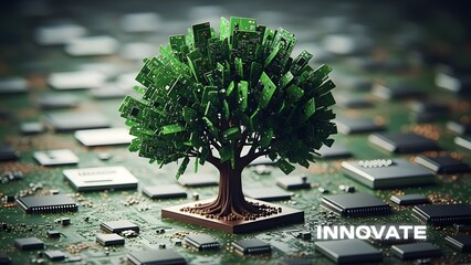 A tree formed by digital blocks growing on a circuit board