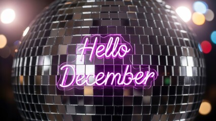 Hello December Neon Sign on Disco Ball with Bokeh Lights.