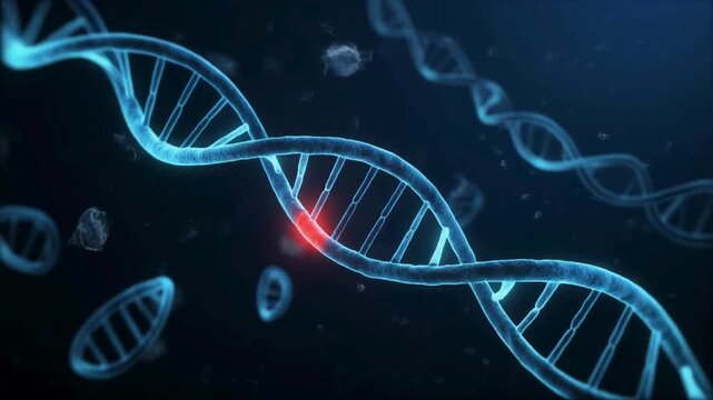 Abstract 3D rendering of a DNA double helix, showcasing the intricate structure of genetic material with a highlighted area suggesting mutation or scientific discovery