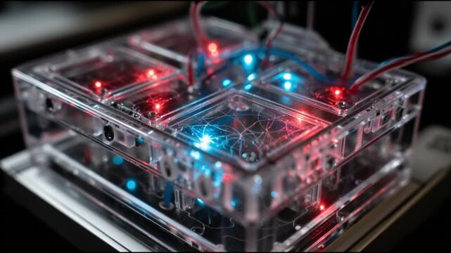 Organoid intelligence. OI. Biocomputing. Synthetic biology. Biological computation. Bioengineered tissue. A biocomputing device with glowing lights and transparent casing.